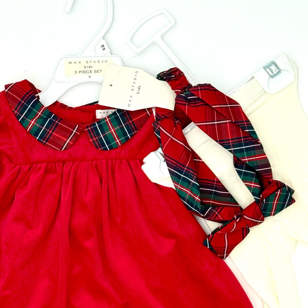 Max Studio Kids 3-Pc Red Velvety Holiday Dress/Tights/Headband Outfit NWT - Picture 3 of 9